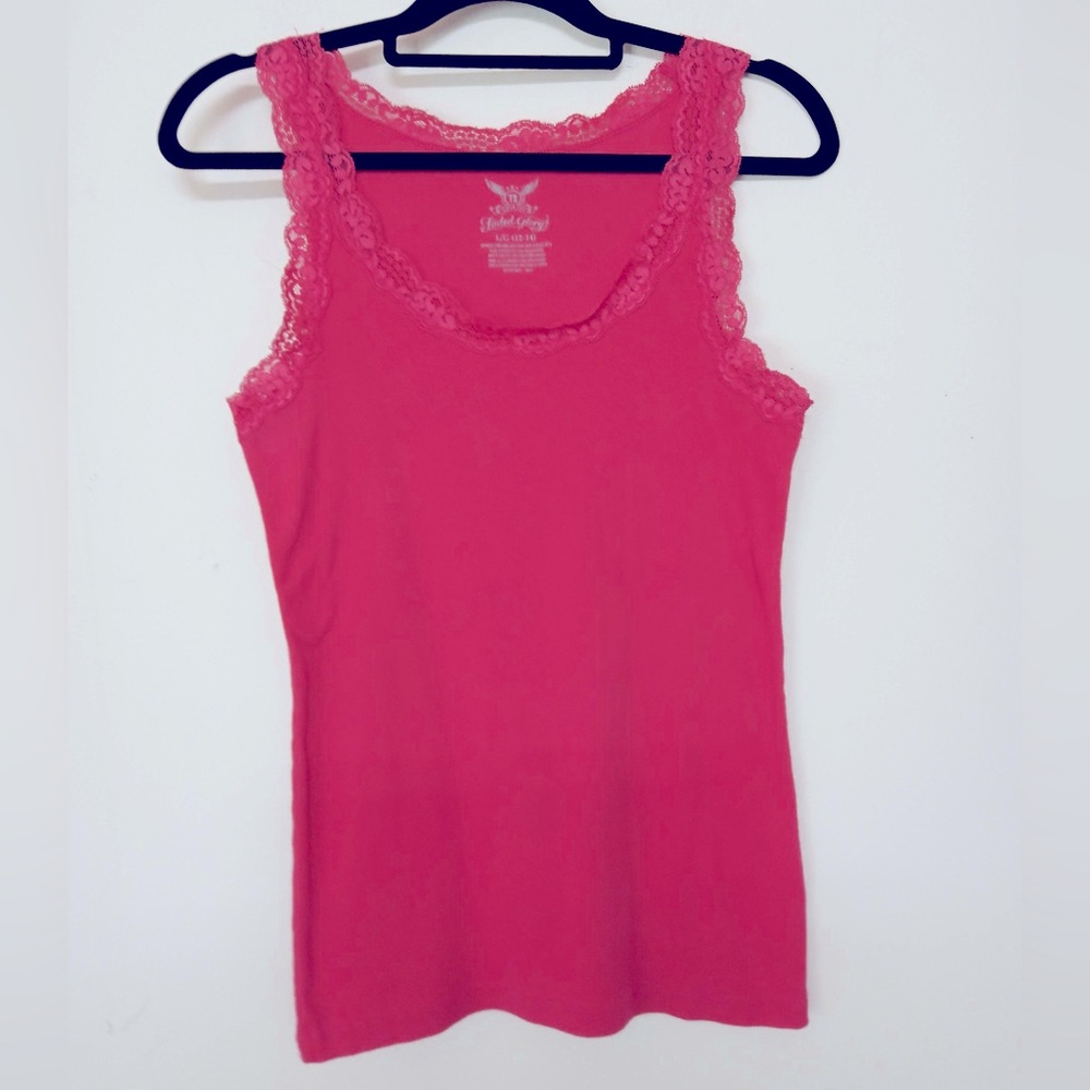 🌞 Faded Glory Y2k hot pink Barbiecore pink tank top lace trim women size L